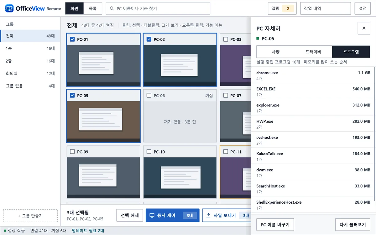 OfficeView Remote 콘솔의 실행 중인 프로그램 창